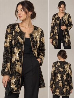 Vintage Freesha 100% Silk Beaded Sequin Cardigan Jacket Black Gold M